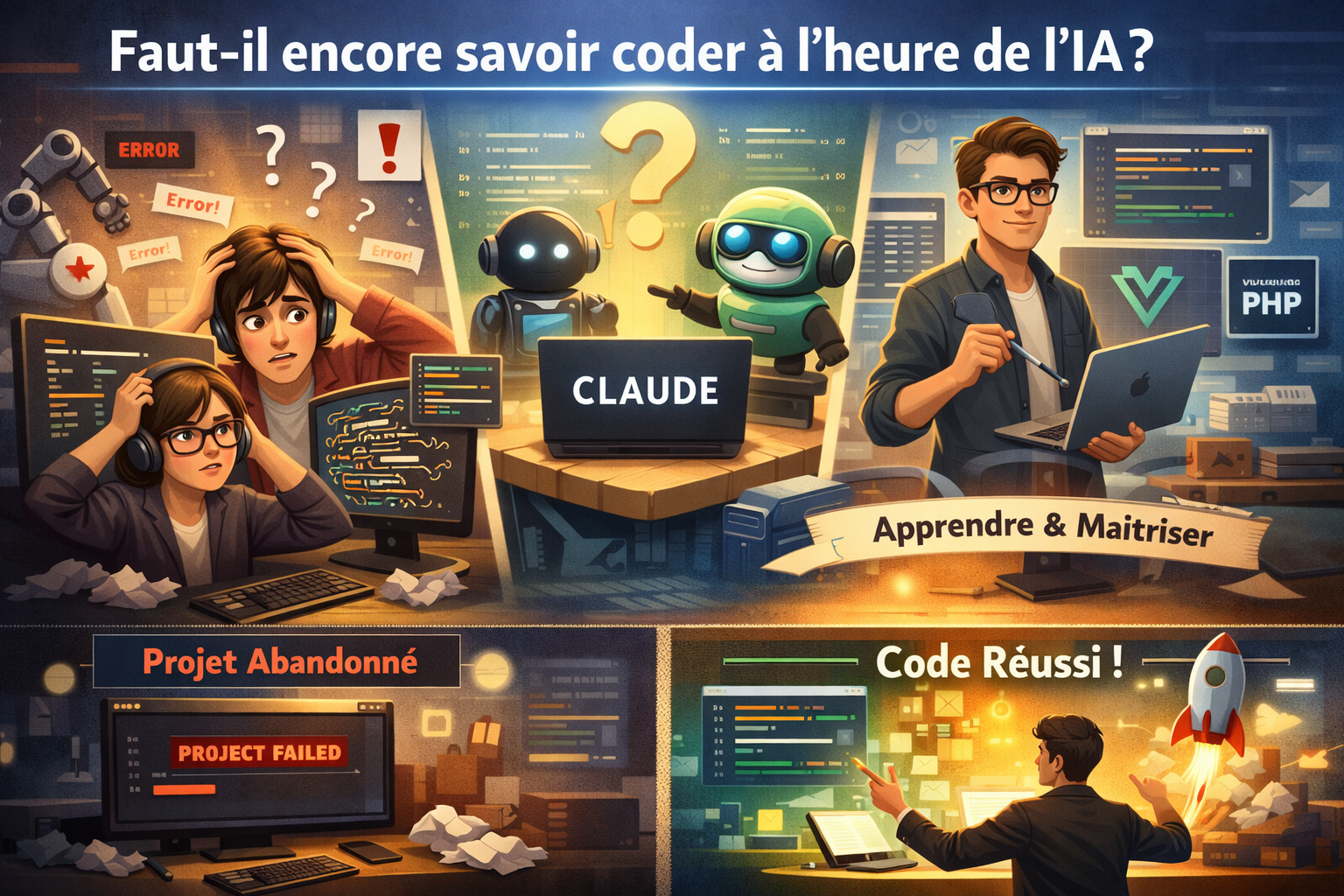 Faut-il encore savoir coder à l’ère de l’IA ? Illustration IA et développeur